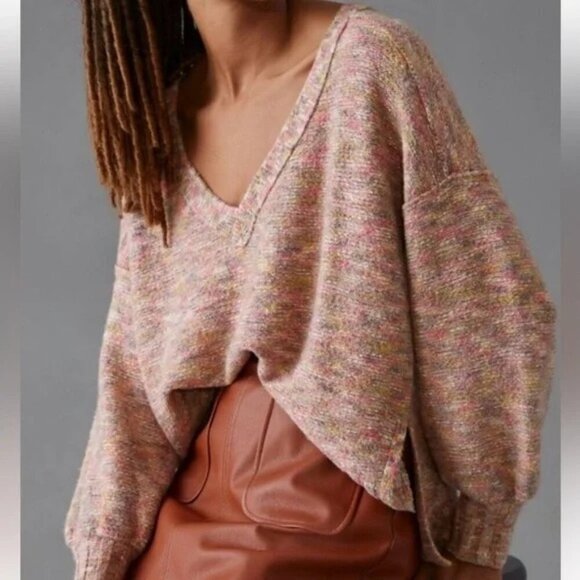 Anthropologie Pilcro Multicolor V-Neck Knit Sweater S Slouchy Oversized Boho - Picture 1 of 7